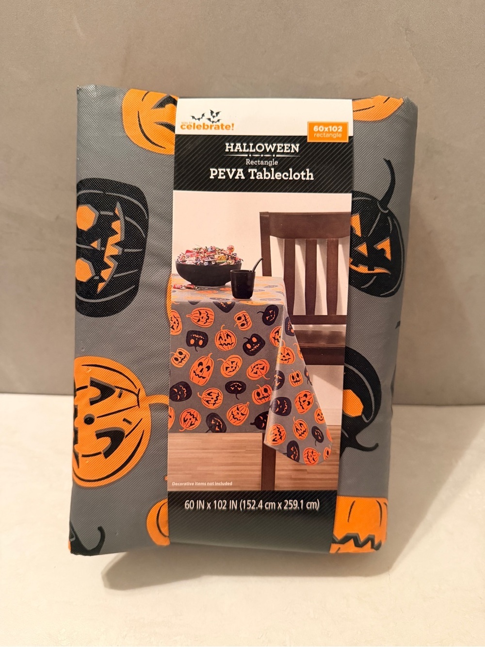 60 Inch x 102 Inch Celebrate Halloween Pumpkins Skulls PEVA Vinyl Tablecloth NEW